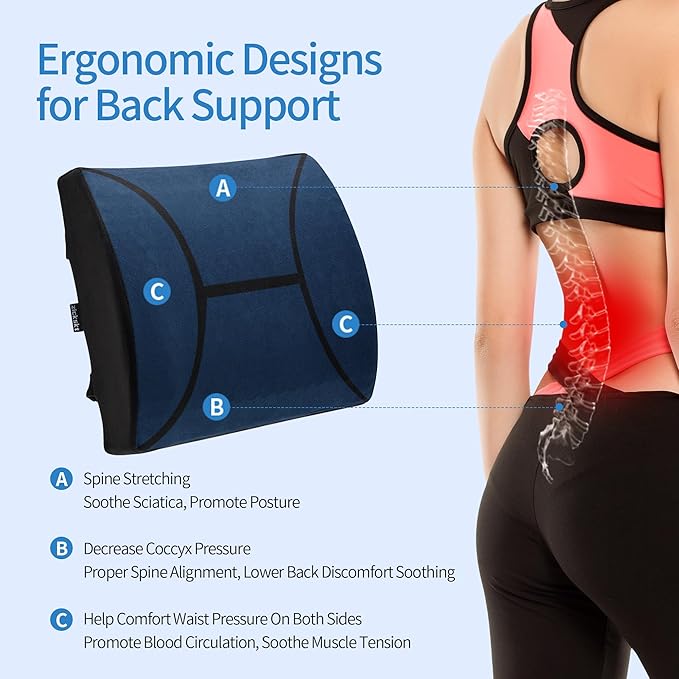 Lumbar Support Pillow - Gel Memory Foam Back Cushion for Lower Back Pain Relief & Improve Sitting Posture, Lumbar Support Cushion with Adjustable Strap & Non-Slip for Office Chair, Sofa, Car