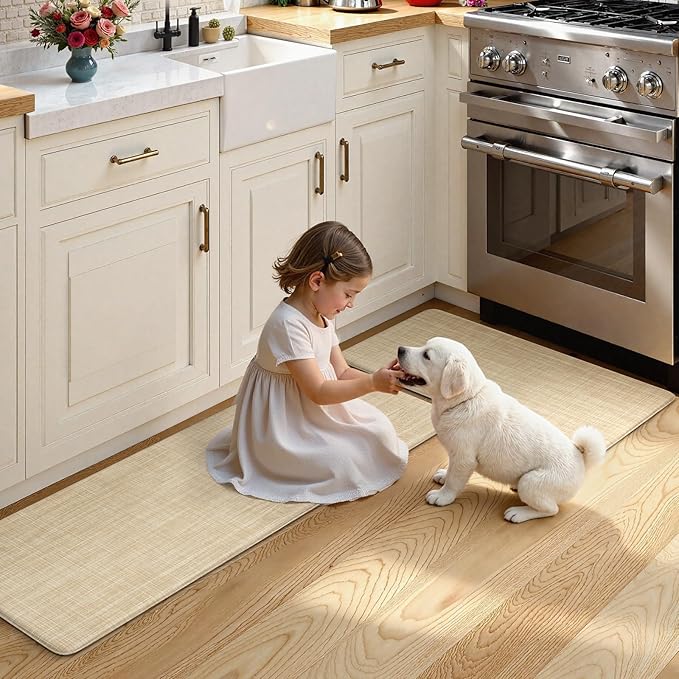 KIMODE Kitchen Mats Cushioned Anti Fatigue 17"x47"+17"x29", Beige Padded Kitchen Floor Mats Non Slip, Comfort Textilene Kitchen Mats for Floor, Standing Mat for Laundry Office Sink Desk