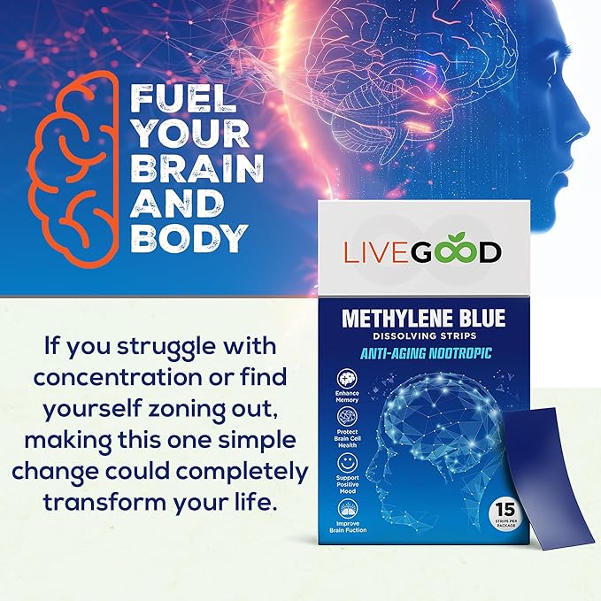 LIVEGOOD Methylene Blue – Methylene Blue for Humans, Brain Supplements for Memory and Focus, Clarity & Cognitive Energy, Nootropic Brain Support, Made in USA, 15 Oral Strips with 20mg Each