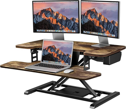 SANODESK Standing Desk Converter with Electric Motor 35" Height Adjustable Desk Riser for Office Home,Monitor and Laptop Workstation with Large Keyboard Tray,Rustic Color