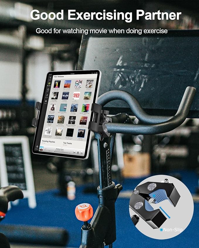 Aluminum Spin Bike Tablet Mount Camera Clamp, Handlebar Clip Tablet Holder for Exercise Bicycle, Indoor Treadmill, Stationary Bike for iPad Pro 12.9, Air, Mini, iPhone, Fire HD, e-Books, 4-13" Devices