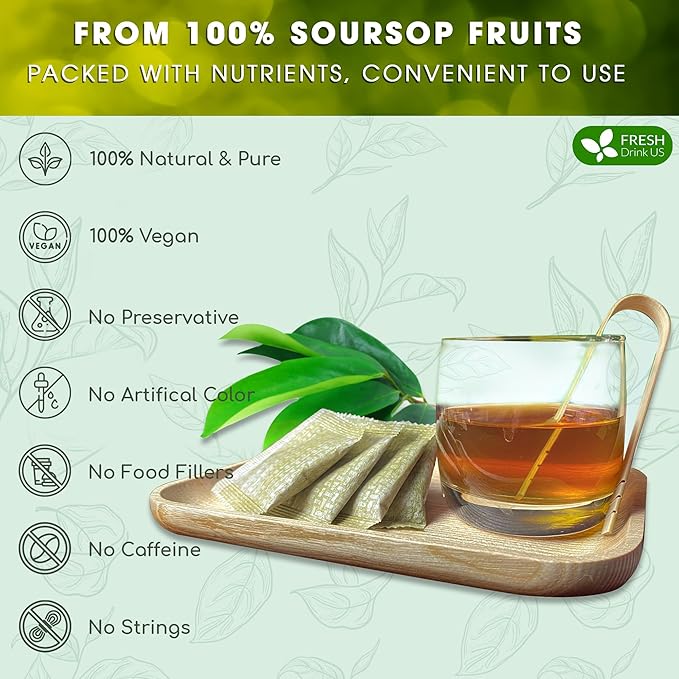 FreshDrinkUS, 40 Premium Soursop Graviola Fruit Tea Bags, 100% Natural and Pure from Soursop Fruits, Made With Natural Materials-Corn Fiber Tea Bag, Sugar/Caffeine/Gluten Free, Hoja Guanabana Tea