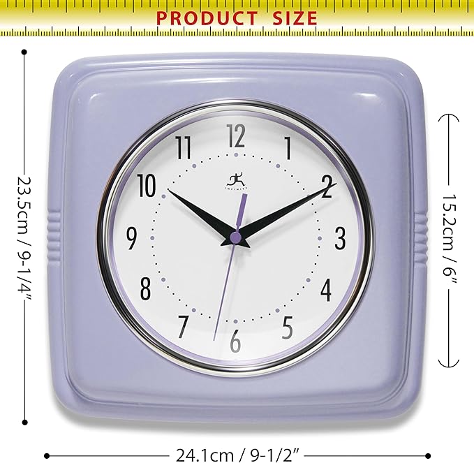 Infinity Instruments Retro Wall Clock – 9-Inch Square Silent Non-Ticking Mid-Century Modern Clock – Vintage Decorative Wall Clock for Kitchen, Office, or Diner – Lilac
