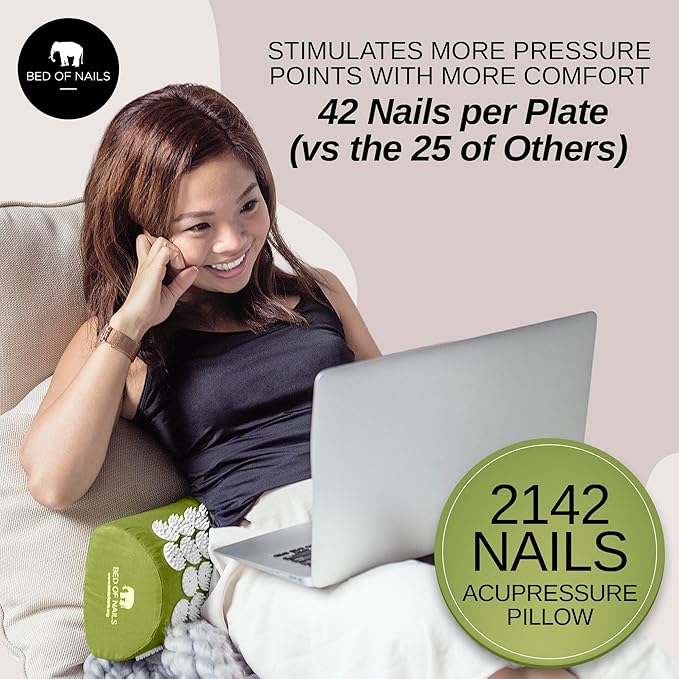 Original Comfortable Acupressure Lumbar Cushion Pillow, 2142 Acupuncture Pressure Points, Neck Pain Relief, Increased Energy, Relaxation, FSA/HSA Eligible, Drawstring Bag, 15x6x4, Green