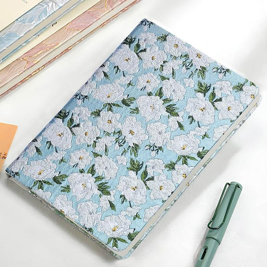 Floral Notebook, Cute Journal, A5, 8x6, Wide Rule, Lined Notebook, Diary for Women, Blue Notebook, Hard Cover Journal Notebooks, Lay Flat, Pretty Notebook, Writing Journal, White Gardenia