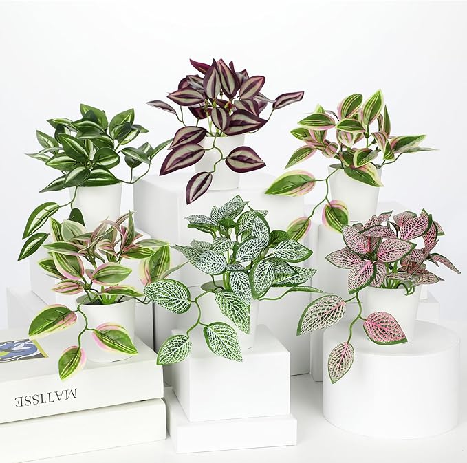 Hollyone Fake Plants 6 Pack Artificial Plants Indoor Faux Plant with White Plastic Pot Small Fake Potted Plant for Home Aesthetic Living Room Bathroom Desk Shelf Office Decor