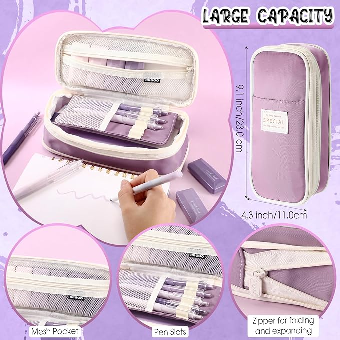 Janlaugh 38 Pcs Aesthetic College School Supplies with Pen Case Sticky Notes Gel Pens Highlighters Correction Tapes Back to School Stationery Kit(Purple Color,Classic)