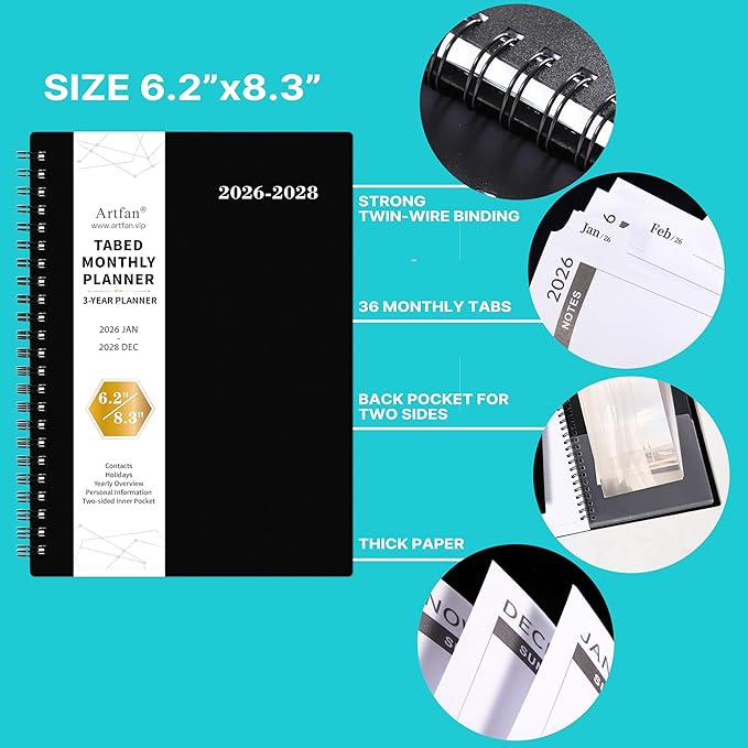 2026-2028 Monthly Planner/Calendar - 3 Year Monthly Planner 2026-2028, JAN 2026 - DEC 2028, 6.2" x 8.3", Inner Pocket, Polypropylene Cover, 36-Month Tabs