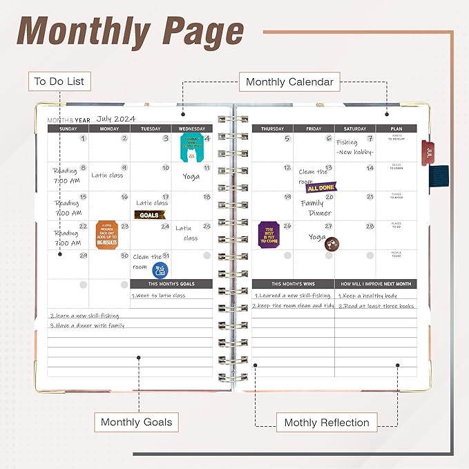 Ospelelf Undated Planner Daily Spiral Binding Weekly Monthly Hardcover Mini Planners with Stickers 12 Months Productivity Aesthetic Journey Booklet Size Brown