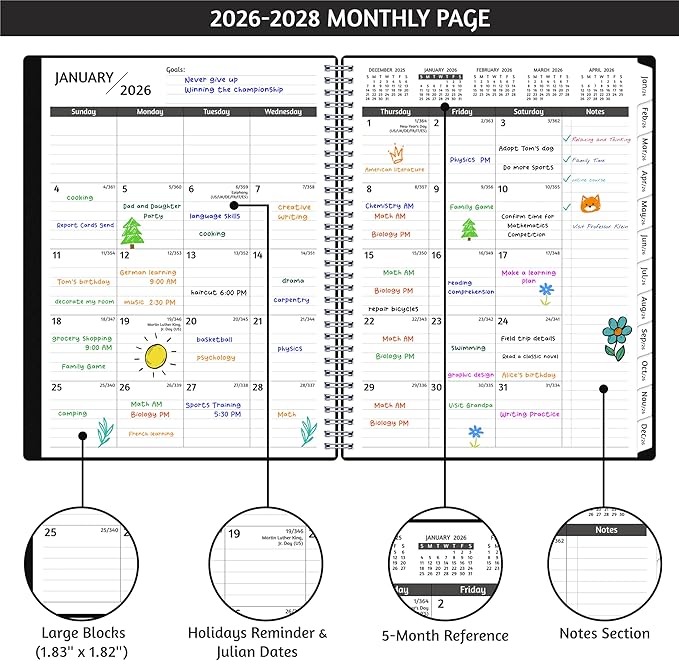 Monthly Planner 2026-2028, 36 Months Calendar Planner 2026-2028 from Jan 2026 – Dec 2028, 8.5'' x 11'' with Ruled Spread, Flexible Cover, Spiral Wirebound, Pocket, Coated Tabs, Notes ＆ Habit Tracker