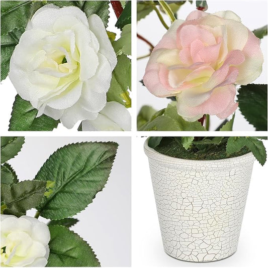 Hollyone Artificial Plants & Flowers in Vase White Camellia Roses Faux Flower Plant Arrangement with Pot Fake Rose Flowers Home Decor Office Bathroom Shelf Desk Table Decoration