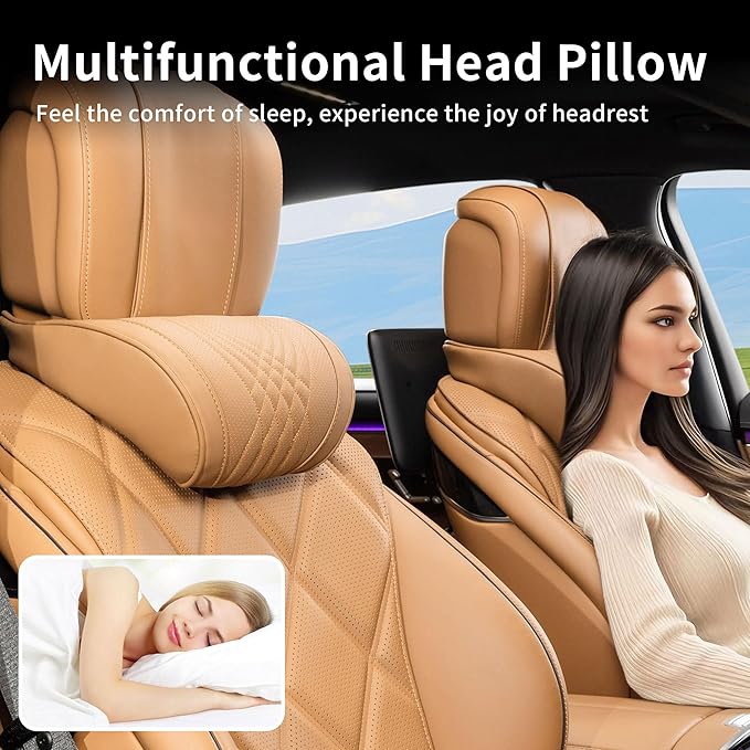 Car Headrest Memory Foam Neck Pillow for Driving with Leather Cover Soft Comfortable Seat Head Pillow Cushion for Most Cars SUV Sedan Home Office Palomino Brown (2PC)
