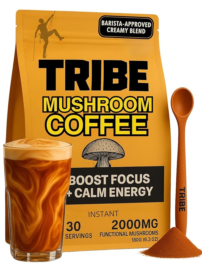 TRIBE 6 Mushroom Coffee + MCT Oil, Creamy Instant Barista Blend - Clean Daily Energy, Focus, Immune & Gut Support – 2000mg Adaptogenic Powder – USA-Grown - Lion’s Mane, Reishi, Turkey Tail – 30 Serv