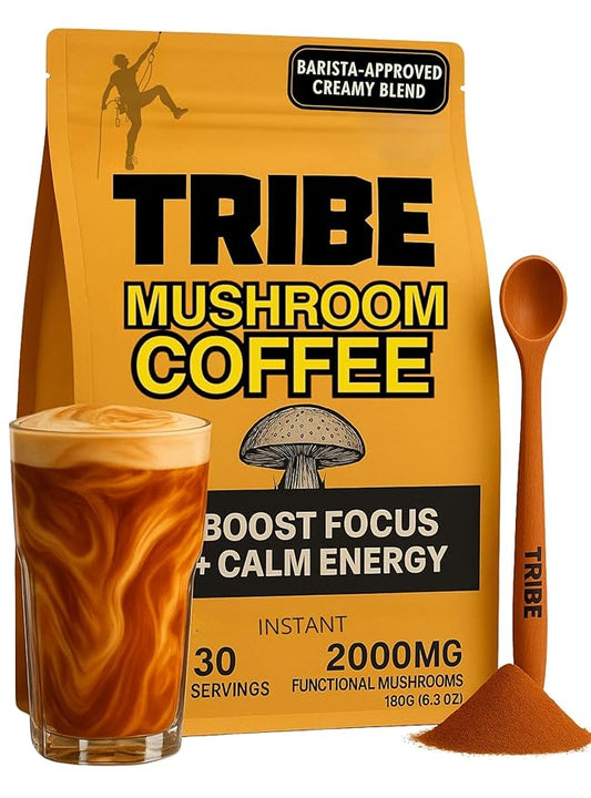 TRIBE 6 Mushroom Coffee + MCT Oil, Creamy Instant Barista Blend - Clean Daily Energy, Focus, Immune & Gut Support – 2000mg Adaptogenic Powder – USA-Grown - Lion’s Mane, Reishi, Turkey Tail – 30 Serv