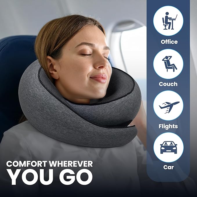 Premium Memory Foam Travel Neck Pillow for Airplane & Car – Updated Ergonomic Wrap-Around Design with Adjustable Strap, Washable Cover, Carry Bag & Sleep Mask– Travel Essentials for Men & Women