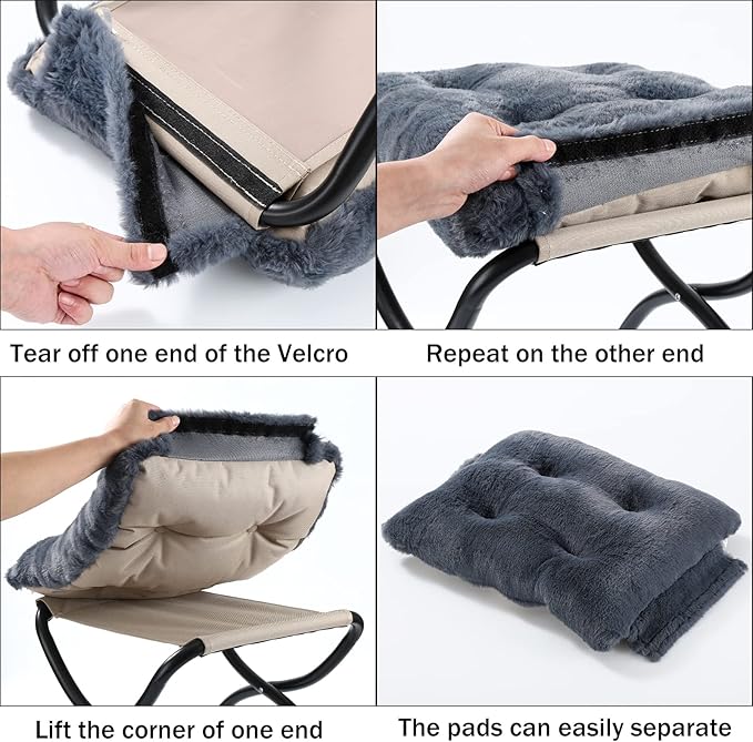 15" Foldable Foot Stool Ottoman with Metal Frame - Washable Faux Fur Navy Upholstered Indoor/Outdoor Footrest for Living Room, Bedroom, Patio - Space-Saving Compact Design