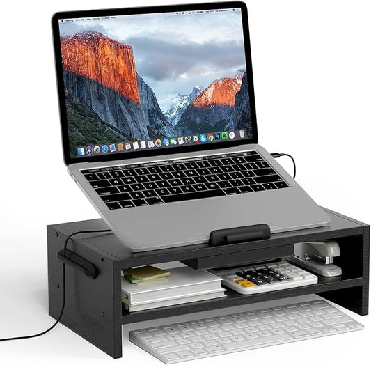 Adjustable Wood Laptop Stand, Ergonomic Height Angles Computer Stand, Riser Holder Notebook Stand for Desk Compatible with Air, Pro, Dell, HP, Lenovo More 10-17.3" Laptops, Black