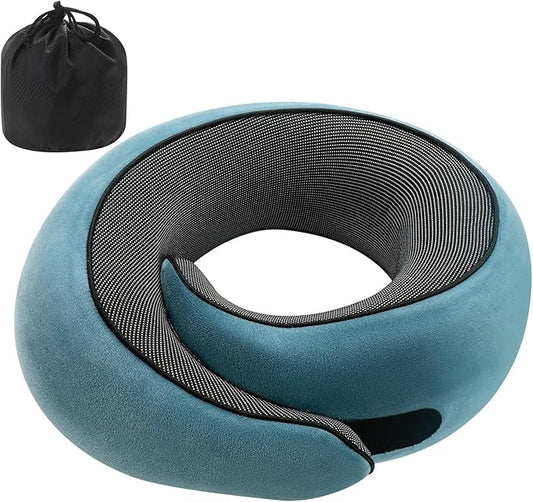 Badink®Memory Foam Neck Travel Pillow, Neck Pillow Airplane with MagicStrap – Adjustable Ergonomic Travel Pillow for Office/Airplane/Car, Washable Cover, Portable Cervical Support(Peacock Blue)