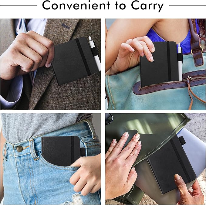 feela 3 Pack Pocket Notebook Journals with 3 Black Pens, A6 Mini Cute Small Journal Notebook Bulk Hardcover College Ruled Notepad with Pen Holder for Office School Supplies, 3.5”x 5.5”, Black