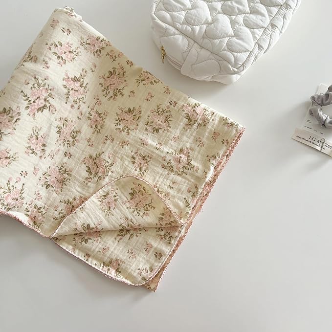 BuLuTu Muslin Baby Blankets for Toddlers Girls Boys, Soft Lightweight Large Crib Blanket 100% Cotton Muslin Baby Quilt for Toddler Bed/Crib/Cot, Floral Print, 47"x51"