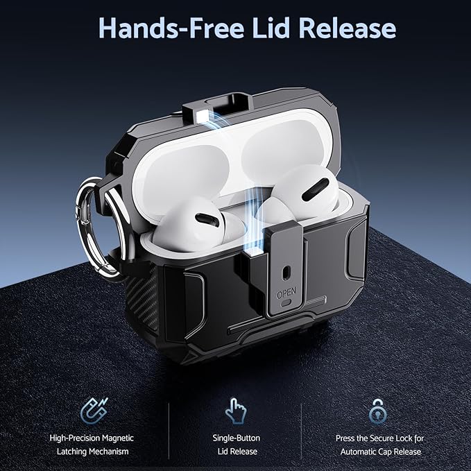 DASFOND Armor Earphone Cover Case for Airpods Pro 2, Military Grade Full Body Shockproof Protection Hard Case, Support Wireless Charging with Keychain, Magnetic Lid, Front LED Visible, Black