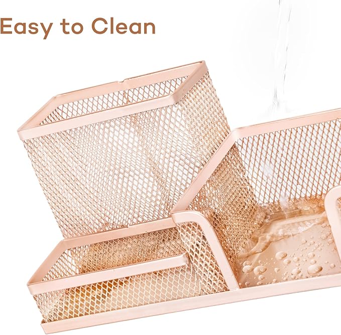 deli Mesh Desk Organizer Office Supplies Caddy with Pencil Holder and Storage Baskets for Desktop Accessories, 3 Compartments, Gold