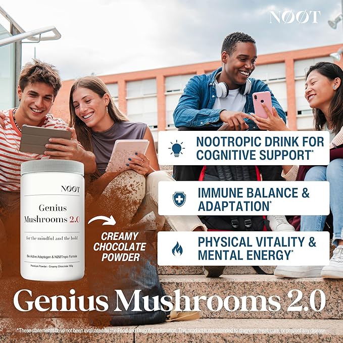 Genius Mushrooms 2.0 - Nootropic Mushroom Supplement, Cocoa Powder with Lions Mane, Reishi, Chaga & Cordyceps, Adaptogens Supplements, Biohacking Products, Adaptogen Drink Mix, 1 Month Supply