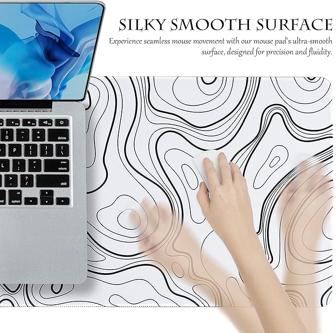 ALOANES Waterproof Mouse Pad with Durable Stitched Edge, XL gaming Keyboard Pad, Non-Slip Rubber Base, Extended Desk pad for Gamer, Office & Home, White Topographic Map Mousepad 31.5''x 11.8''x 0.12''