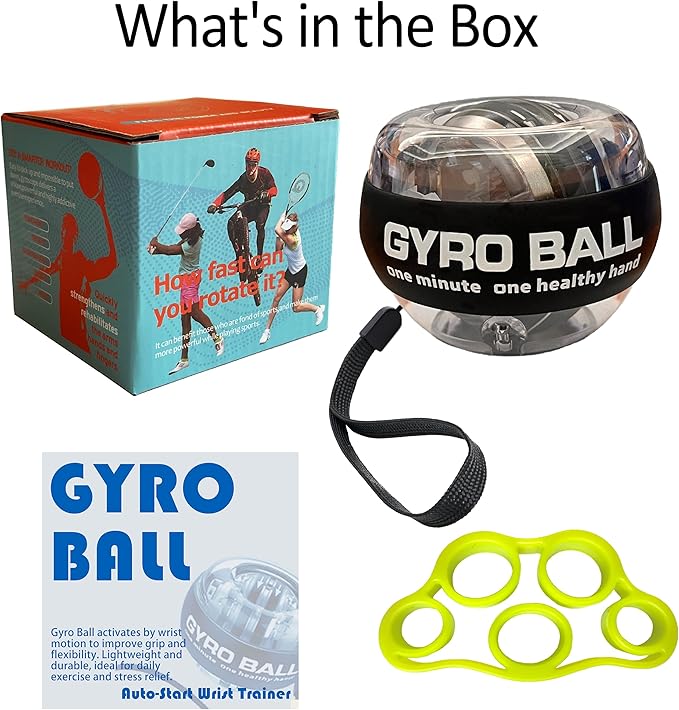 Auto-Start Gyro Ball Wrist Trainer – No Counter Grip Strengthener with Finger Band for Hand & Forearm Exercise – Stress Relief Spinner for Office, Rehab & Fitness