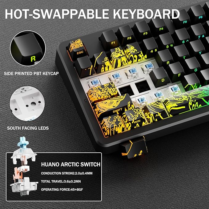 EWEADN X87 Wireless Mechanical Keyboard ASMR,10000mAh Battery, 75% Keyboard with Huano Arctic Switch BT5.0/2.4GHz/USB-C Topographic Keycaps Hot Swappable Custom Keyboards, Gasket Structure-Black