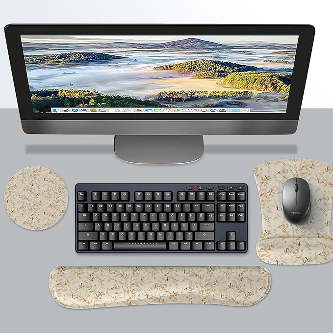 RICHEN Mouse Pad and Keyboard Wrist Rest, 3-in-1 Computer Mousepad and Coaster Set, Non-Slip Keyboard Wrist Rest and Mouse Pad Set Ergonomic Design (FKMWR-65)