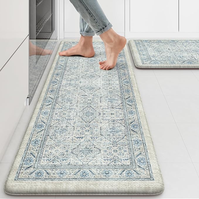 KIMODE Anti Fatigue Kitchen Mats for Floor, Boho Vintage Kitchen Rugs Sets of 2, Cushioned Kitchen Floor Mats Non Slip, Comfort Rugs for Kitchen Floor, Sink, Laundry, Desk Blue 17"x47"+17"x29"