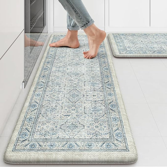 KIMODE Anti Fatigue Kitchen Mats for Floor, Boho Vintage Kitchen Rugs Sets of 2, Cushioned Kitchen Floor Mats Non Slip, Comfort Rugs for Kitchen Floor, Sink, Laundry, Desk Blue 17"x47"+17"x29"