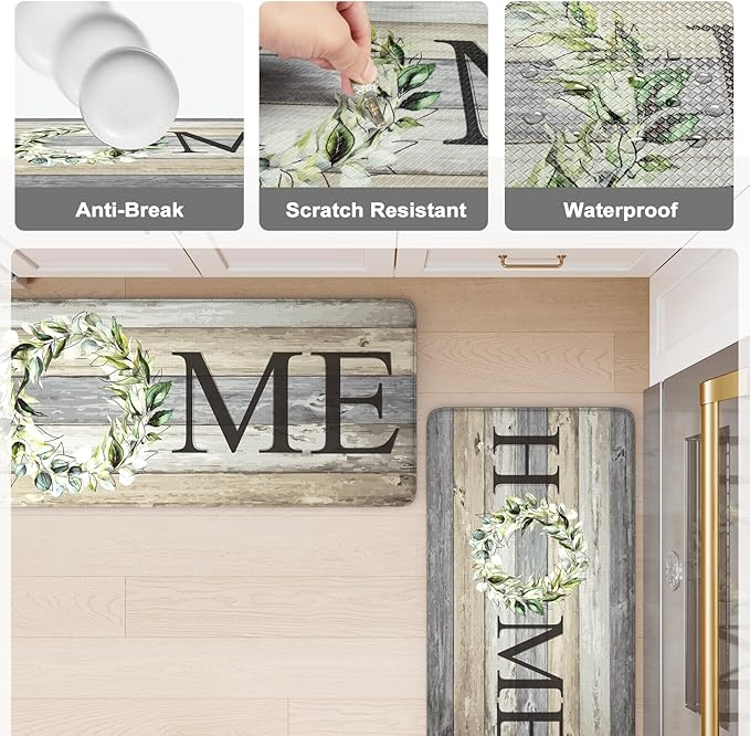 KIMODE Anti Fatigue Kitchen Mats, Farmhouse Kitchen Rugs Sets of 2, Non Slip Kitchen Mats for Floor, Cushioned Kitchen Floor Mats for Sink, Laundry, Office, Desk Grey 17"x59"+17"x29"