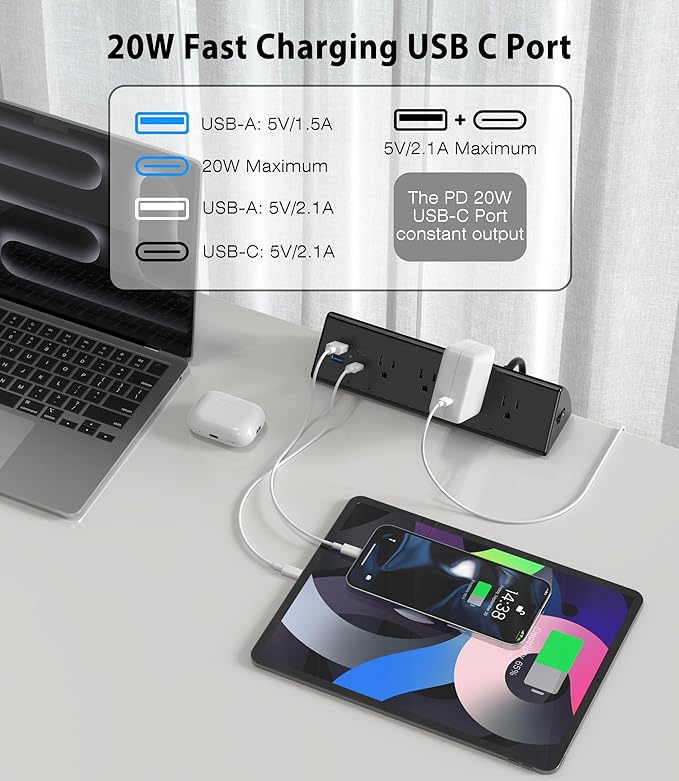 Jgstkcity Desk Clamp Power Strip,20W Fast Charging Station,Surge Protector Nightstand Edge Mount,1875W Extension Cord with Multiple Outlets,2 USB-C,2 USB-A,for Home Office (Black, 2PCS-6 FT)