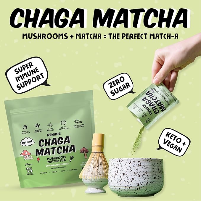 Renude Chaga Matcha - Chaga Mushroom Powder, Superfood Drink Mix with Adaptogens, Ceremonial Grade Mushroom Matcha, Keto, Vegan, Sugar Free, Natural Energy and Immune Support - 15 Servings