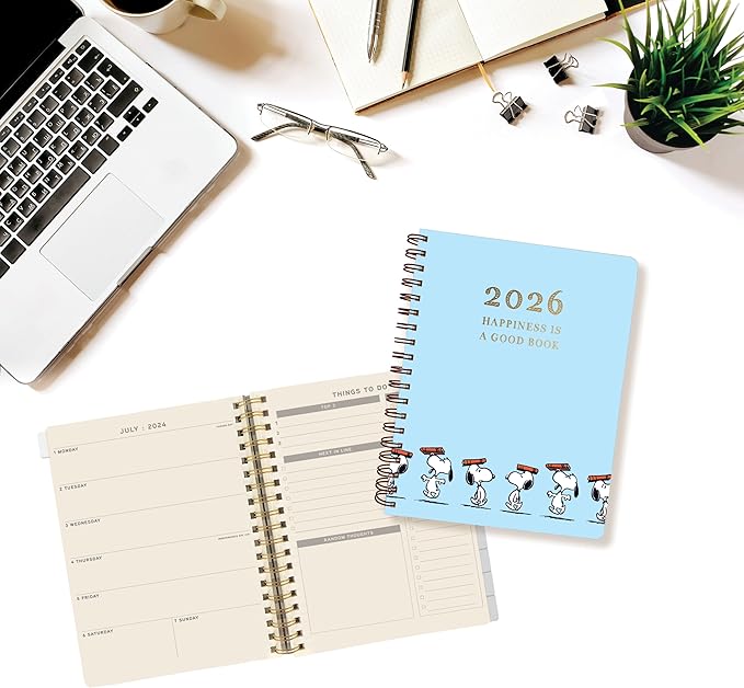 Graphique 2026 Spiral Vegan Leather Planner | 18 Month Organizer July 2025 - Dec. 2026 | Weekly & Monthly Spreads | To-Do & Note List | Reminder Stickers | Peanuts - Happiness Is | 8 x 10