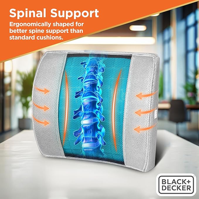 BLACK+DECKER Cooling Gel Lumbar Memory Foam Cushion – Ergonomic Back Support Travel Pillow with Ventilated Mesh, Adjustable Strap, Slow Rebound Memory Foam, Washable Cover