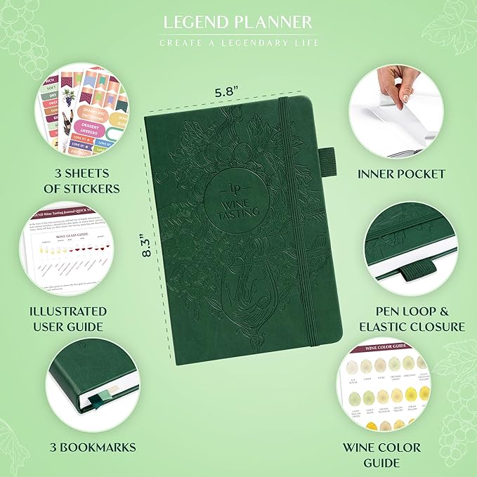 Legend Wine Tasting Journal – Wine Guide & Diary – Unique Accessories & Gifts for Wine Lovers, Women & Men, Eco Leather Notebook (Forest Green)