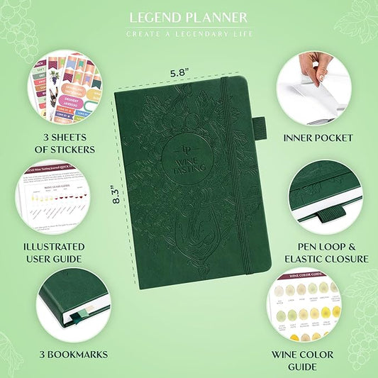 Legend Wine Tasting Journal – Wine Guide & Diary – Unique Accessories & Gifts for Wine Lovers, Women & Men, Eco Leather Notebook (Forest Green)