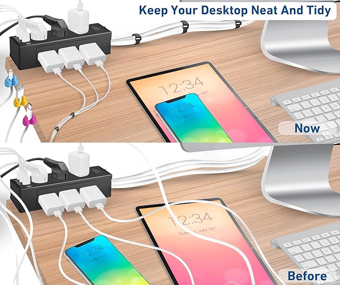 Desk Clamp Power Strip with USB C (20W PD) & USB A, 9 AC Outlets, Surge Protector, Flat Plug, 6.5ft Extension Cord – Desk Mount Power Station with Cable Management Kit for Home & Office – Black