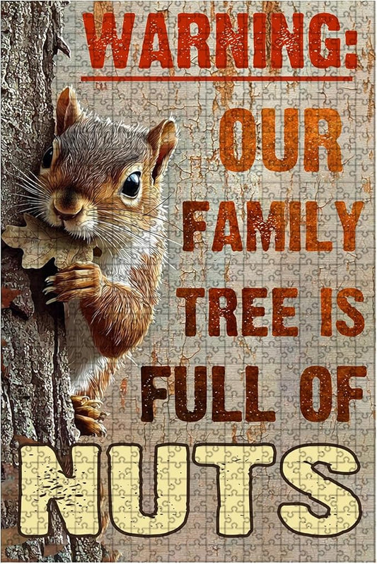 1000 Piece Difficult Wooden Jigsaw Puzzle Cute Warning Our Family is Full of Nuts Adults & Kids Educational Family Game Stress Relief Quiet Play Home Decor 29.5x19.7 Inch