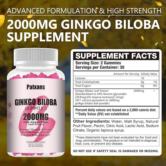1 Pack 2000mg Ginkgo Biloba Gummies - Ginkgo Biloba Supplements for Brain Health Support, Improve Mood and Focus, Energy, Adult, Strawberry Flavor, 60 Count