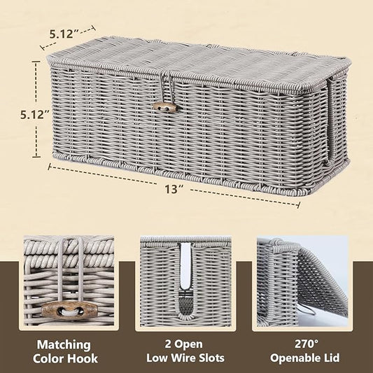 BROWNLILY Cable Management Box, Rattan Style Cord Organizer for Desk Cord Hider Outlet Covers Baby Proofing for Power Strip TV PC Router Charger Under Desk Storage with Lockable Lid and Cable Ties