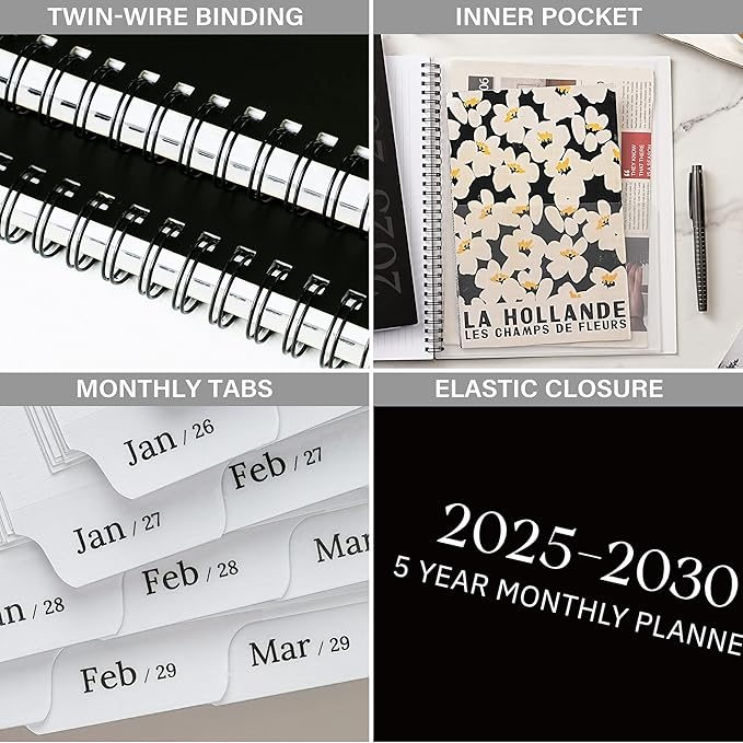 2025-2030 Monthly Planner/Calendar, JUL 2025 - JUN 2030, 5 Year Planner, 2025-2026 Calendarwith Tabs, Double-Side Pocket, 2025-2026 Monthly planner 2025-2030 for Daily Organizing - Black（7.9" x 8.6"）