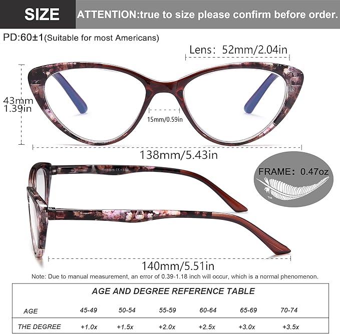 EYEURL Cat Eye Reading Glasses for Women 2 Pair Blue Light Blocking Readers 2.75 Comfort Spring Hinge Lightweight Eyeglasses Anti Glare for Ladies