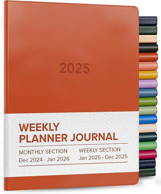 Harbor Weekly and Monthly Journal Notebook Planner 2025 - Lined, Durable Faux Leather, Softcover, 176 Quality Pages, For Men and Women, For Writing, Work & Travel, Cambridge Burnt Orange - 9 x 7 "