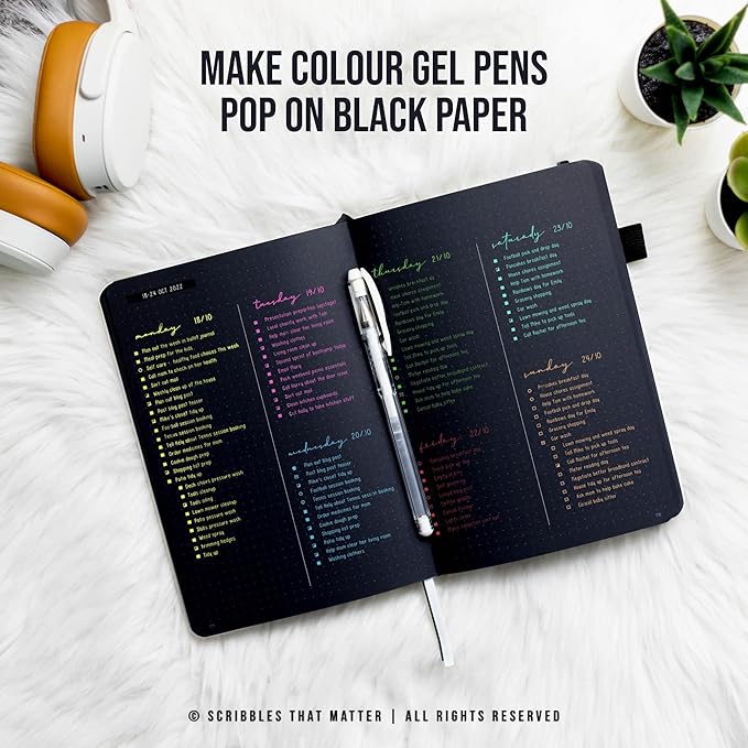 Black Paper Bullet Dotted Journal Notebook | B5 Starry Night by Scribbles That Matter | Free white gel pen | 160gsm Blackout no-bleed dot grid paper | For Men and Women | 7 x 10 in | White