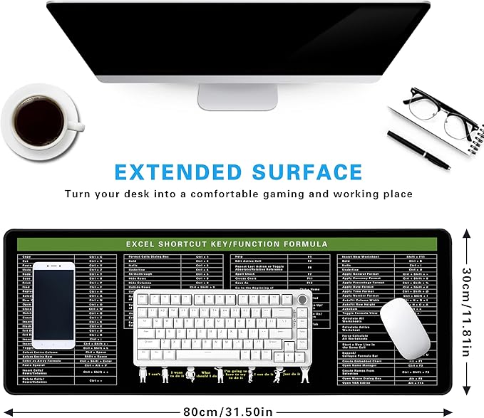 Excel Cheat Sheet Desk Pad, 31.5"x11.8", Waterproof Extra Large Excel Shortcut Mat with Stitched Edges, Anti-Slip Excel Mouse Pad for Office Desk, MS Excel/Word Shortcuts (Green Excel G)