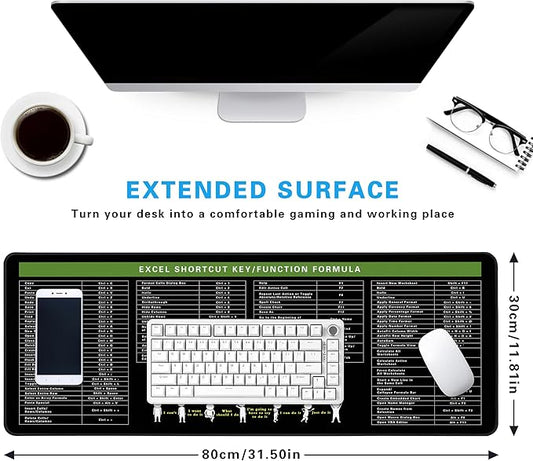 Excel Cheat Sheet Desk Pad, 31.5"x11.8", Waterproof Extra Large Excel Shortcut Mat with Stitched Edges, Anti-Slip Excel Mouse Pad for Office Desk, MS Excel/Word Shortcuts (Green Excel G)